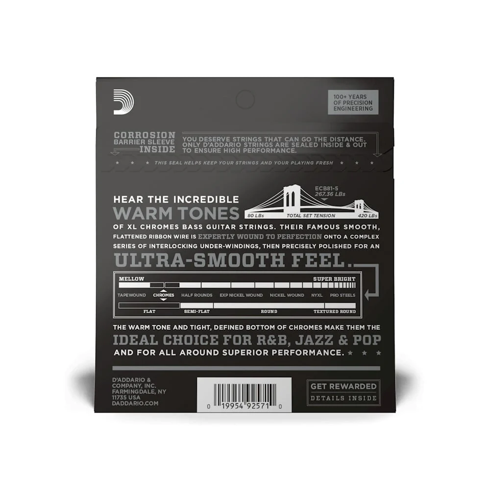 D'Addario ECB81 XL Chromes 5-String Bass Strings - Long Scale - Regular Light (45-132)