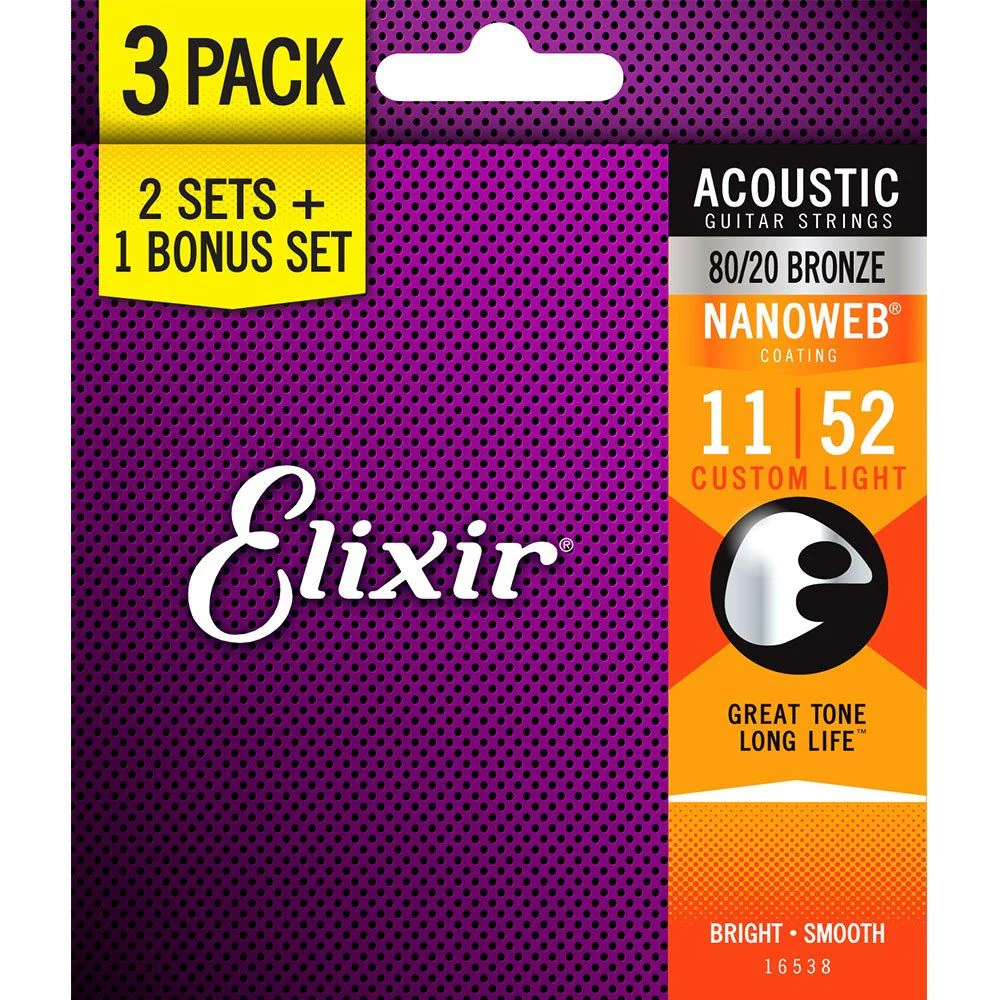 Elixir Acoustic 80/20 Bronze w/ Nanoweb Coating 3-Pack - Custom Light (11-52)