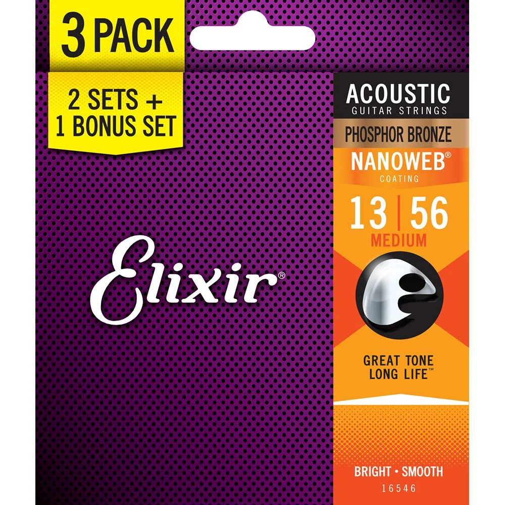 Elixir Acoustic Phosphor Bronze w/ Nanoweb Coating 3-PACK - Medium (13-56)